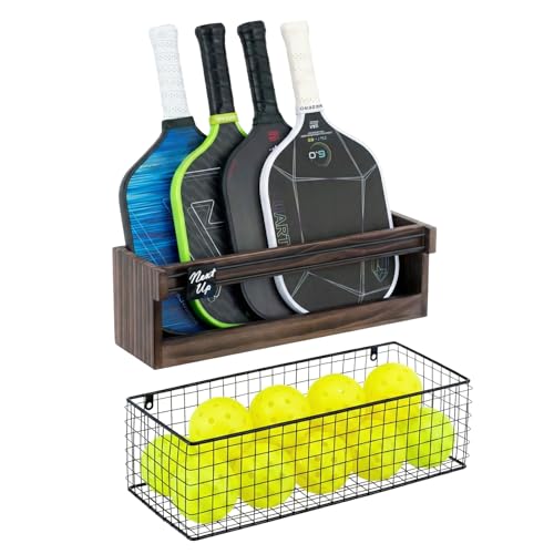 MyGift Solid Dark Brown Wood Pickleball Paddle Holder Rack with Black Metal Ball Storage Basket and Next Up Sliding Marker, Wall Mounted or Fence Hanging Paddle Organizer for Indoor/Outdoor Courts