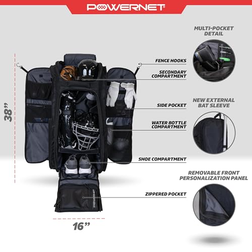 PowerNet Optimus Catcher's Bag, Rolling Equipment Bag Holds All Baseball & Softball Gear, 7 Internal Bat Sleeves, Cleat Compartment, Personalization Panel & Hooks - style: Pro