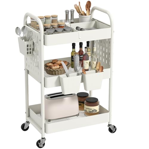 danpinera 3 Tier Rolling Cart with Retractable Dividers, Multi-Functional White Rolling Utility Cart with Pegboards, Hooks & Hanging Cups for Nursery, Living Room, Studio - color: White, size: with Dividers