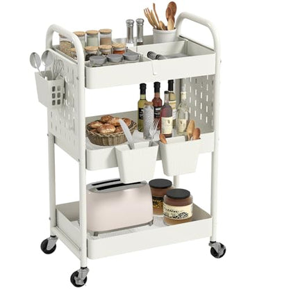 danpinera 3 Tier Rolling Cart with Retractable Dividers, Multi-Functional White Rolling Utility Cart with Pegboards, Hooks & Hanging Cups for Nursery, Living Room, Studio - color: White, size: with Dividers