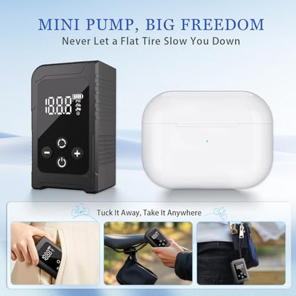 Tiny Bicycle Pump with Gauge, Max 150 PSI Electric Mini Pump, Auto Stop, with Presta and Schrader Valve for E-Bike, MTB, and Road Bike,with LED Night Lighting