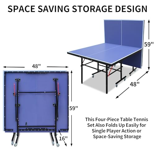 IUNNDS Portable Table Tennis Table 6/8/8.5/9FT Foldable Ping Pong Game Set for Indoor with Net and Post Set, 2 Paddles and 3 Balls - color: Blue-8FT with Wheel