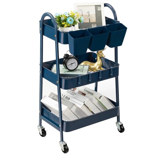 danpinera 3-Tier Rolling Cart, Utility Cart Mobile Metal Rolling Storage Cart with Lockable Wheels & Hanging Cups & Hooks for Kitchen, Bathroom, Office, Workshop, Dark Blue - color: Dark Blue, size: Normal (3 tier)
