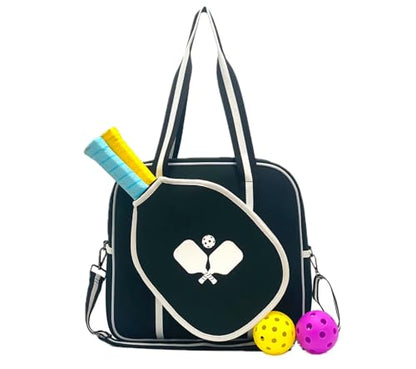 Pickleball Sports Tote Bag with Racket Holder, Neoprene, Adjustable Shoulder Strap - color: Black/White