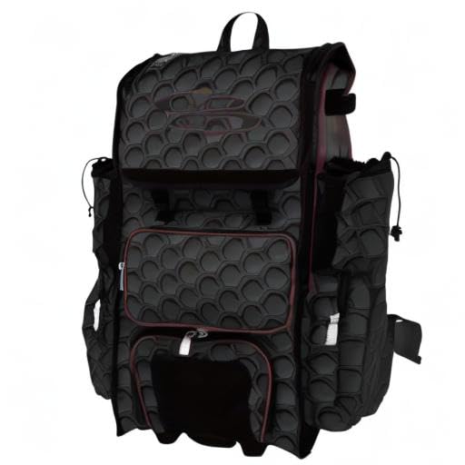 Boombah Rolling Superpack 2.0 3DHC Baseball/Softball Gear Bag - 23-1/2" x 13-1/2" x 9-1/2" - Multiple Colors - Telescopic Handle and Holds 4 Bats - Wheeled Version - color: Black/Maroon