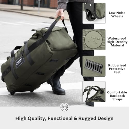 STOVER 45/80/100L Rolling Duffel Bag with Wheels, X-Large Durable Travel Duffle + Toiletry Bag, Heavy Duty, Packable with Shoulder Straps- Use as Luggage or Backpack, Men/Women (Green) - color: Green