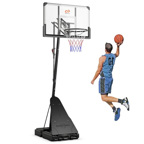 Goplus Basketball Hoop Outdoor, 4.9-10 FT Quickly Height Adjusted Basketball Goal System with 44 Inch PC Backboard, Basketball Rebound, Wheels for Adults Court Backyard Driveway