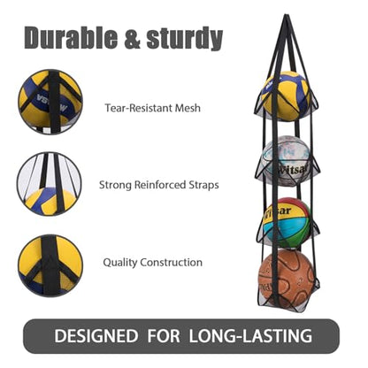 Black Hanging Sports Ball Organizer Bag | Mesh Wall Mount Storage for Basketball, Football, Soccer, Volleyball | Garage & Home Equipment Storage Solution