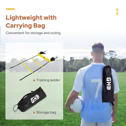 GHB Agility Ladder 1 Pack and Hex Agility Rings 1 Pack 12 Rung 20ft with 3 Carrying Bag