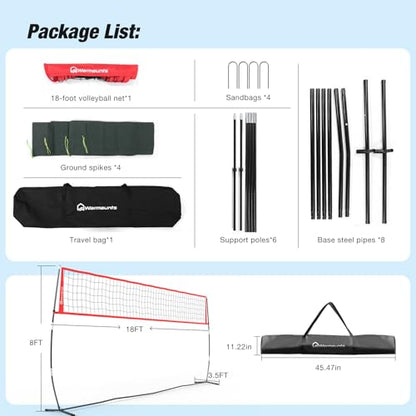 WARMOUNTS 18 FT Portable Volleyball Net for Backyard, Freestanding Volleyball Net with Height Adjustable & Easy Setup, Outdoor Volley Ball Practice for Hitting or Serving, Carry Bag