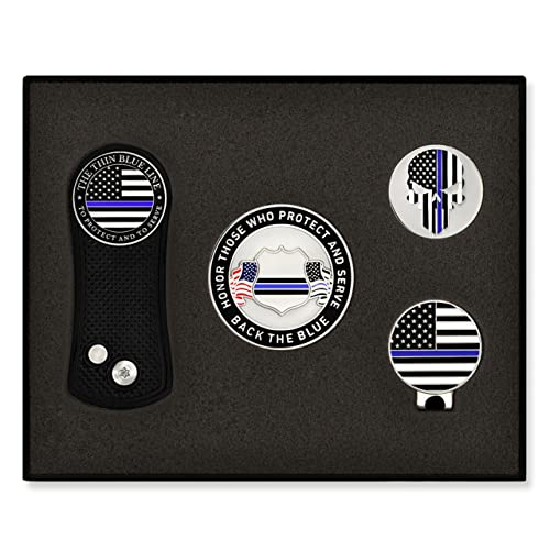 PinMart's Golf Essentials Gift Set - Golf Divot Tool, Hat Clip, Magnetic Ball Markers, Large Ball Marker with Presentation Box - Gifts and Accessories for Men and Women - color: Thin Blue Line