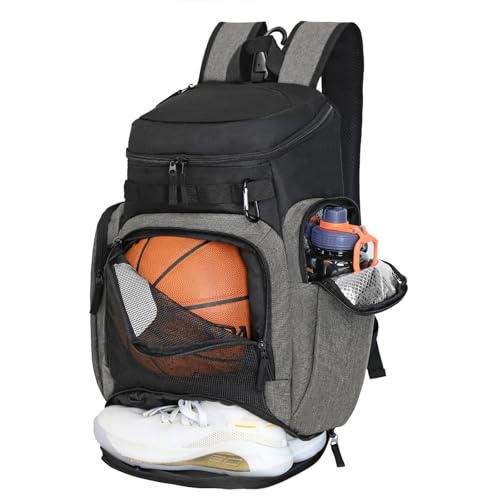 LARIPOP Basketball Backpack with Ball & Ventilated Shoe Compartment Insulated Pockets for Men Youth Training - color: Light grey