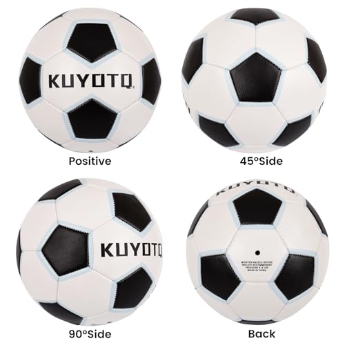 KUYOTQ Kids Youth Soccer Ball Size 4 Boys Leather Machine Stitched Hidden Stitch White Black Soccer Ball with Blue Trim for Boys Girls, Durable Strength and Water Resistance for Training and Match