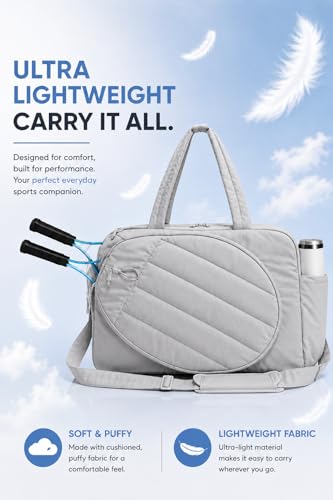 Pickleball,Tennis Racket Bag,Gym Bag for Women,Man. Quilted, Holds 2 Rackets with Shoe Compartment. Sport Bag for Gym, Court, Travel Duffle Bag - color: Light Grey
