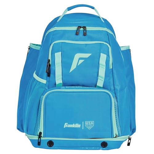 Franklin Sports USA SB Gameday Fastpitch-Softball Backpack – Adult +Youth Softball + Baseball Equipment + Bat Bag – Stores Batting Gloves, Helmet, Cleats - Waterproof Premium Batpack - color: Blue/Mint