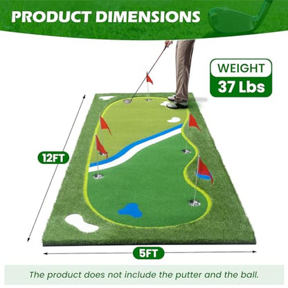 Golf Putting Green Mat - 5FT×10FT/5FT×12FT Putting Green Indoor, Professional Golf Putting Mat with Realistic Turf, Golf Simulators for Home, Multi Holes & Flags for Outdoor Golf Practice