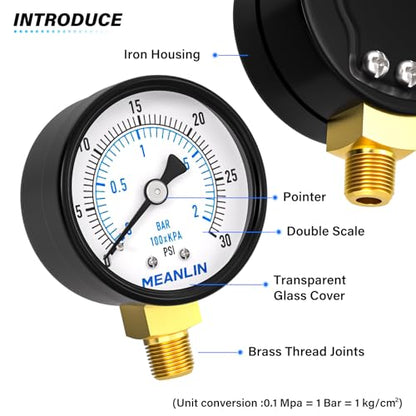 0-30Psi 2" DIAL FACE 1/8" NPT Well Pump Pressure Gauge, with 1/4" NPT and 3/8" NPT Hex Bushing, 3-2-3% Accuracy, Lower Mount - size: 0-30Psi, style: 1/8"NPT Lower Mount
