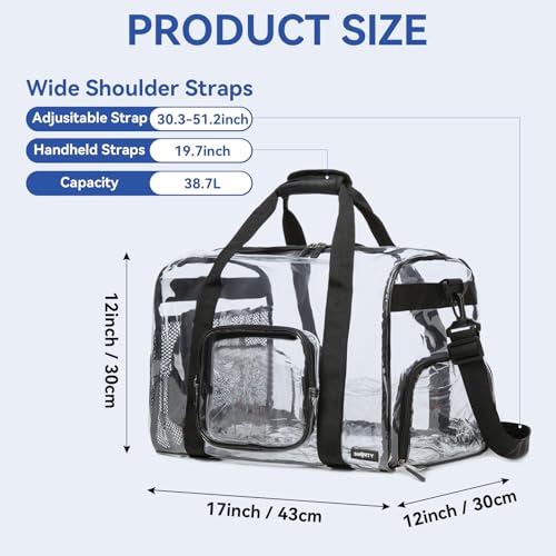 Large Heavy Duty Clear Duffel Bag with Shoes Compartment, Stadium Approved Clear Gym Bag with Adjustable Strap, Clear Tote Handbag Durable Crossbody for Football Basketball Baseball Golf Events Black
