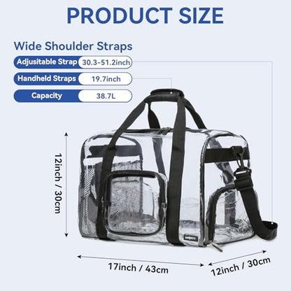 Large Heavy Duty Clear Duffel Bag with Shoes Compartment, Stadium Approved Clear Gym Bag with Adjustable Strap, Clear Tote Handbag Durable Crossbody for Football Basketball Baseball Golf Events Black