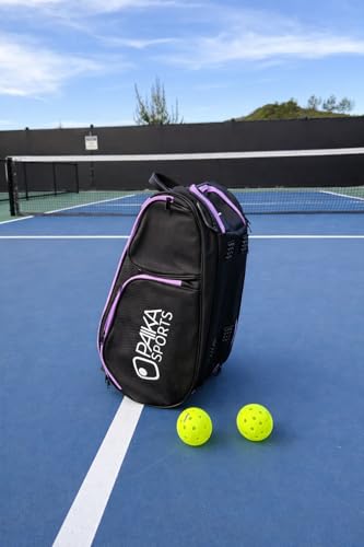 Detachable Pickleball Bag, Black with Purple Accents, Large Capacity, Multiple Compartments, Detachable Side Bag, Padded Straps for Paddles and Gear