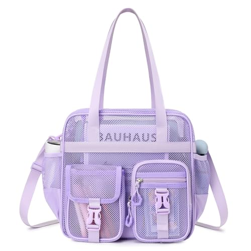 MOONBABY Mesh Beach Tote Bag for Stadium Events 12x6x12 Net Purse Bag for Women with Detachable Long Strap for Work, Sports - color: Purple