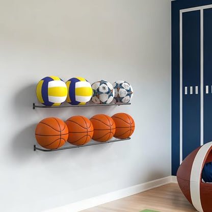 Ball Rack Wall Mount with 2 Separate Shelf, Basketball Holder Storage Wall Mount with 8 Ball Capacity, Garage Sports Equipment Organizer