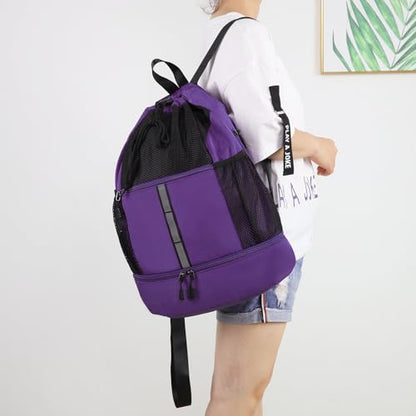 Valleycomfy Drawstring Gym Bag Sports Backpack With Shoe Compartment and Reflective Strips Purple - color: Purple08