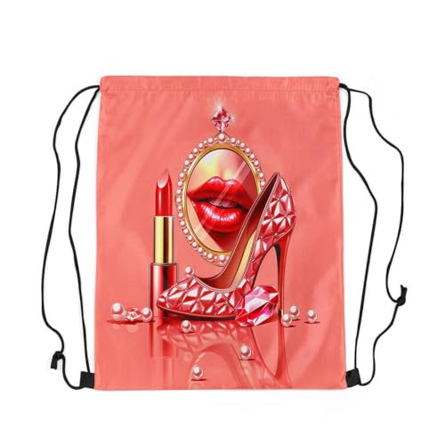 Castle Fairy Makeup Lipstick Print Drawstring Backpack Gym Bag,Crystal Shoes Cinch Bag,Glitter Diamond Pearl Foldable Draw String Back Bags Sports Bags,Pink Gold - color: Pink Gold