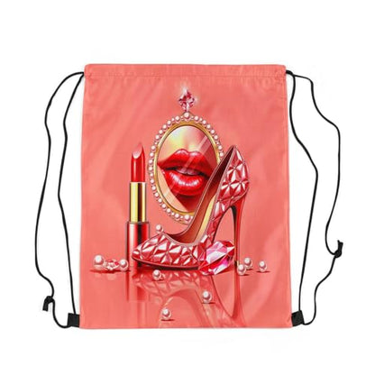 Castle Fairy Makeup Lipstick Print Drawstring Backpack Gym Bag,Crystal Shoes Cinch Bag,Glitter Diamond Pearl Foldable Draw String Back Bags Sports Bags,Pink Gold - color: Pink Gold