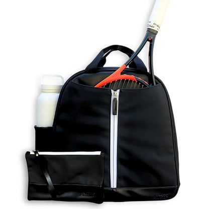 AYRES Tennis Backpack - Spacious Womens Tennis, Padel & Pickleball Bag | Quick-Access Racket Compartment (Fits 2) | Designer Tennis Bag, Water-Resistant & Easy To Clean, Makeup Pouch Included - color: Black