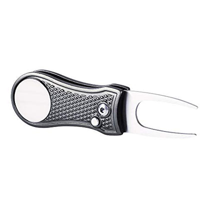 Mile High Life Golf Divot Repair Tool, All Metal Foldable Divot Tool with Pop-up Button & Magnetic Ball Marker - color: Gray Bone