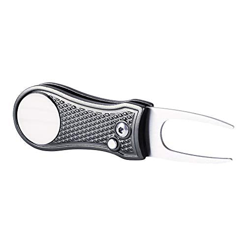 Mile High Life Golf Divot Repair Tool, All Metal Foldable Divot Tool with Pop-up Button & Magnetic Ball Marker - color: Gray Bone