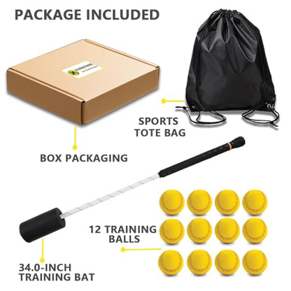 Baseball & Softball Swing Trainer Bat - Batting Practice Equipment - Includes Rope Swing Training Bat with 12 Training Balls & Tote Bag, Training Tool, Batting Aid