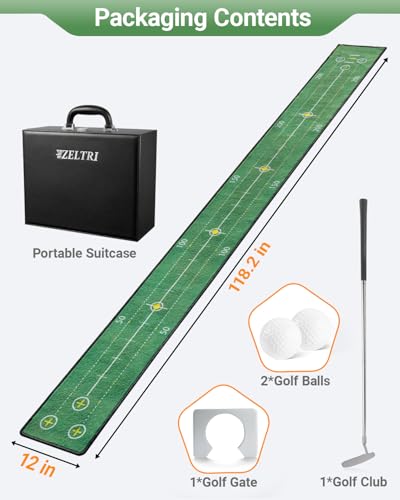Putting Game,Golf Putting Mat with Three-Track,Indoor Green Putting Game Set, Anti-Slip Backing Golf Putting Green Include 1 Club, 2 Balls, 1 Gate, 1 Portable Storage Box for Indoor/Outdoor