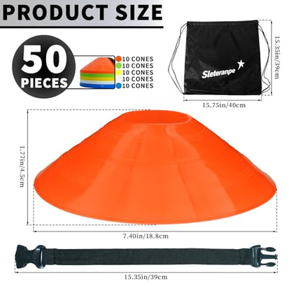 Pro Disc Cones (Set of 50) – Soccer Cones for Training with Drawstring Bag & Strap – Agility Cones for Basketball, Football, and Sports Drills