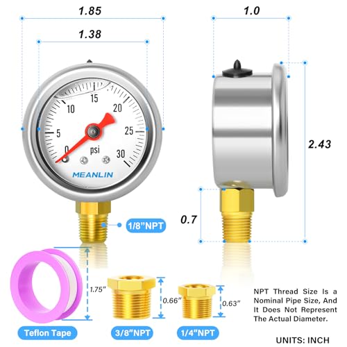 0~30Psi Stainless Steel 1/8" NPT 1.5" FACE DIAL, Glycerin Filled Pressure Gauge, Liquid Filled, Water Oil Air, Lower Mount, with 1/4" NPT and 3/8" NPT Hex Bushing - size: 0-30Psi