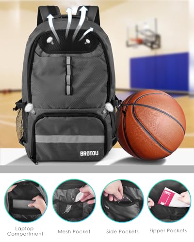 BROTOU Basketball Backpack, Large Basketball Bag with Shoes and Ball Compartment, Soccer Backpacks for Basketball/Volleyball - color: Dark Grey