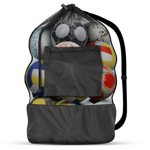 Square Heavy Duty 900D Ripstop Mesh Ball Bag with Zipper Pocket, Breathable Tear Resistant Drawstring 30x40inch Soccer Ball Bag with Adjustable Shoulder Strap for Balls, Beach Toys