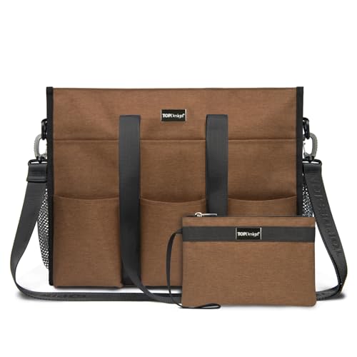 TOPDesign Utility Water Resistant Tote Bag with 22 Pockets, Top Zipper Closure & Thick Bottom Support, for Working Women - color: Brown, size: Large
