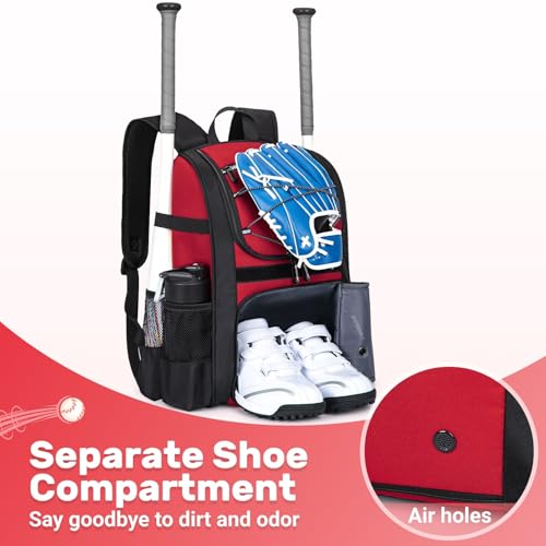 KAVIGOR Youth Baseball Bag, Softball Bag for Girls & Boys, Kids Tball Backpack with Shoes Compartment - color: Red
