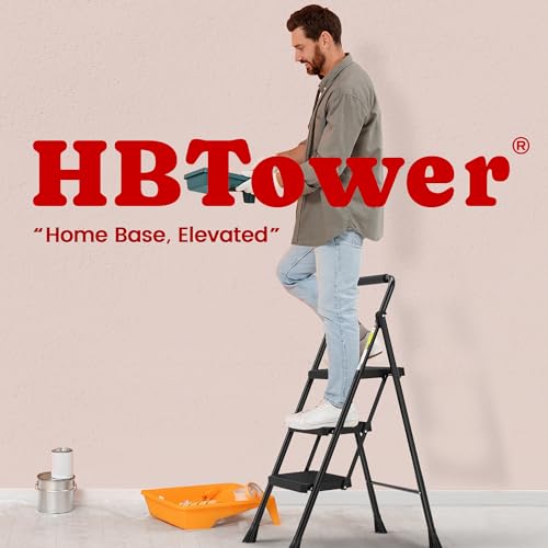 HBTower Step Ladder, Folding Step Stool with Wide Anti-Slip Pedal, Sturdy Steel Ladder, Convenient Handrail, Lightweight, Portable Steel Step Stool - color: Black, size: 3 Step Ladder