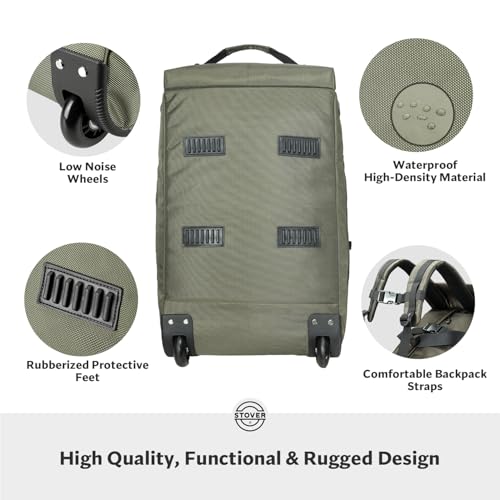 STOVER 45/80/100L Carry-On Rolling Duffel Bag with Wheels, Medium Durable Travel Duffle w/Toiletry Bag, Packable, Foldable with Shoulder Straps- Use as Luggage or Backpack, Men/Women (Green)