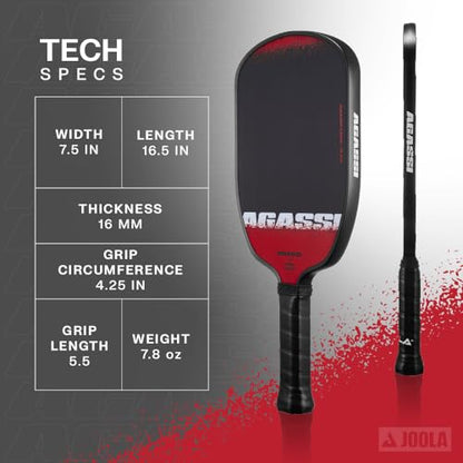 JOOLA Agassi Edge 16mm Pickleball Paddle - Carbon Fiber Pickleball Racket Surface Increases Spin & Control - Agassi Shape with Extended Sweet Spot - UPA-A Certified - USAP Approved - NFC Chip Enabled - color: Single | 16mm Carbon | Agassi Edge