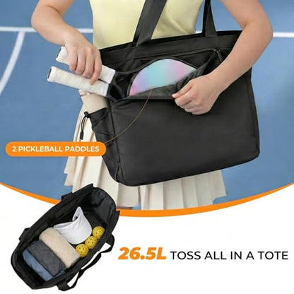 Pickleball Bag for Women Men, Large Pickleball Tote Holds 2-4 Rackets, Pickleball Bags with Shoe Compartment & Water Bottle Pocket, Pickleball Gifts, Water-Resistant & Lightweight - color: Black