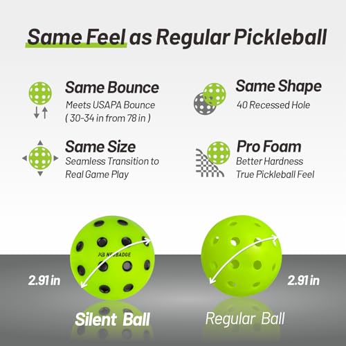 Silent Pickleball Balls - Quiet Practice for Indoor & Outdoor | Pro Foam, 40 Holes | Real Feel Like Traditional Pickleballs | USAPA Standard Bounce | 4-Pack + Bonus Mesh Bag - color: Green (Black Dots)