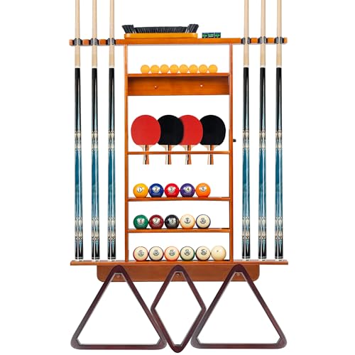 Billmart Wall Mount Pool Stick Holder, 2-in-1 Pool Stick & Ping Pong Paddle Holder, Solid Wood Cue Rack with Storage for Pool Table Accessories, Amber - color: 2-IN-1-Amber