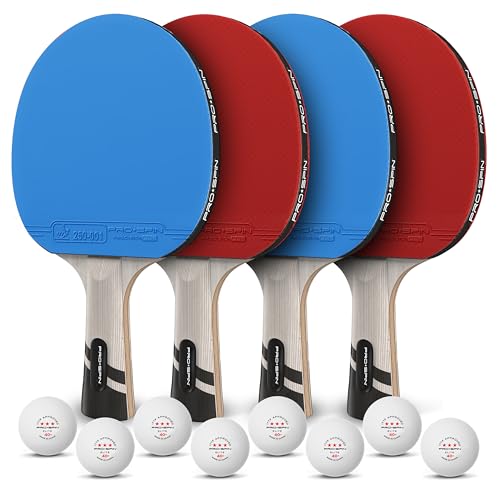 PRO-SPIN Ping Pong Paddles – ITTF Approved Professional Table Tennis Rackets with Carbon Fiber for Superior Control | 7-Ply Blade, Premium Rubber, 2.0mm Sponge - color: 4-Pack | Blue/Red