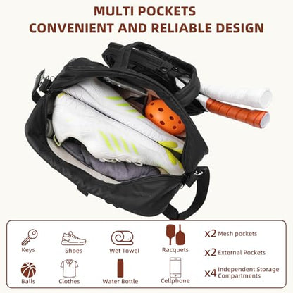 Women's Pickleball Bag with Ball Bag, Waterproof Pickle Ball Bag Tote Shoulder Bag - color: Black