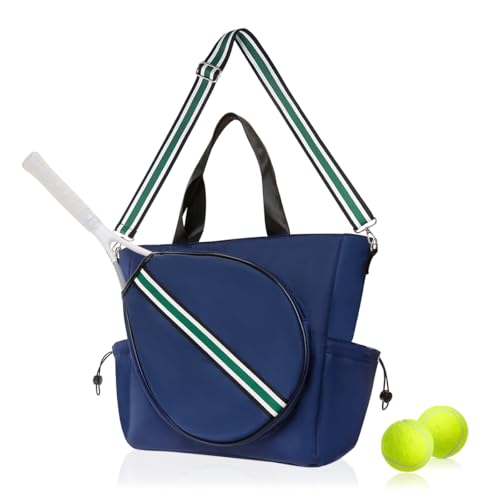 Tennis Bag for Women Racket Tote, Stylish Backpack - Unisex Racquet Sports Pickleball Bag Convertible Shoulder, Crossbody Strap Large Compartment - color: Tote - Navy/Green Stripe