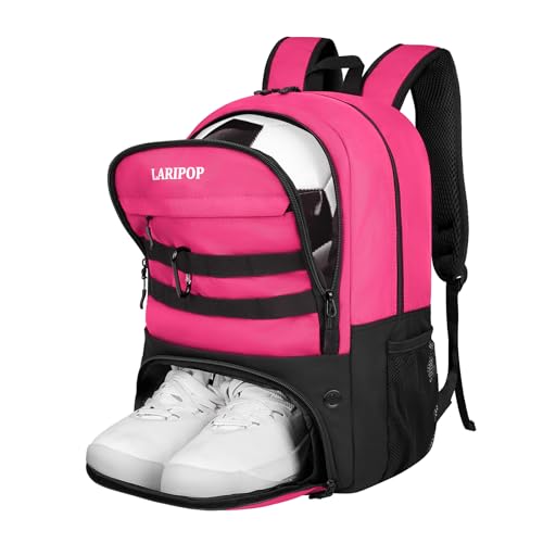 LARIPOP Soccer Backpack with Ball Holder & Shoe Compartment Large Capacity Youth Sports Bag for Training - color: Pink
